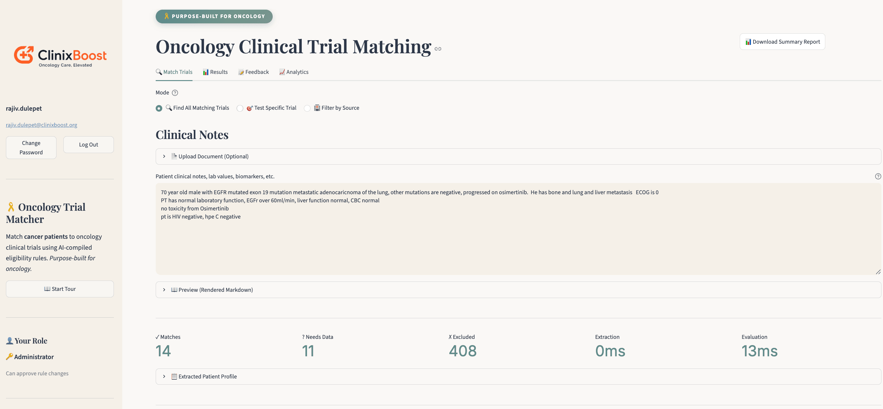 ClinixBoost trial matching — enter clinical notes